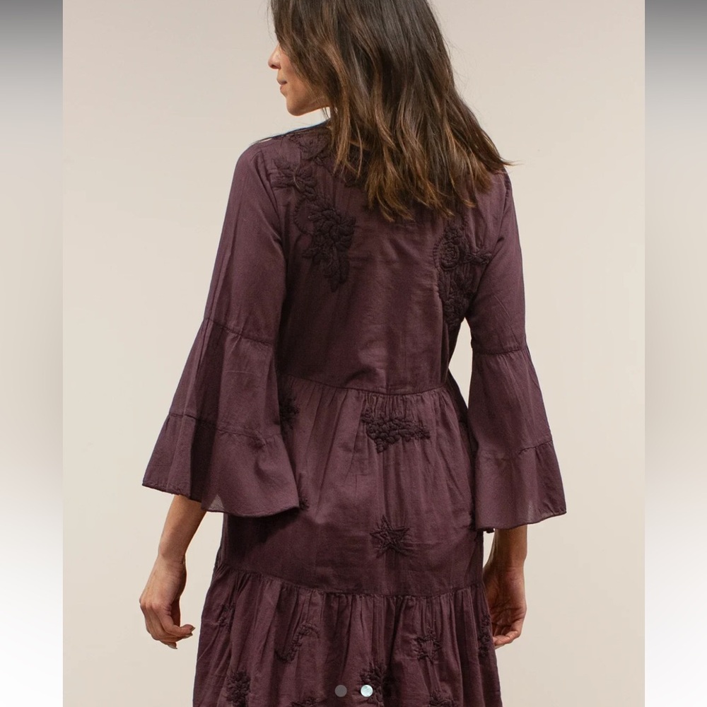Kyla Seo Ula Bell Sleeve Embroidered Cotton Whimsigoth Mini Dress - Oxblood - Picture 3 of 14